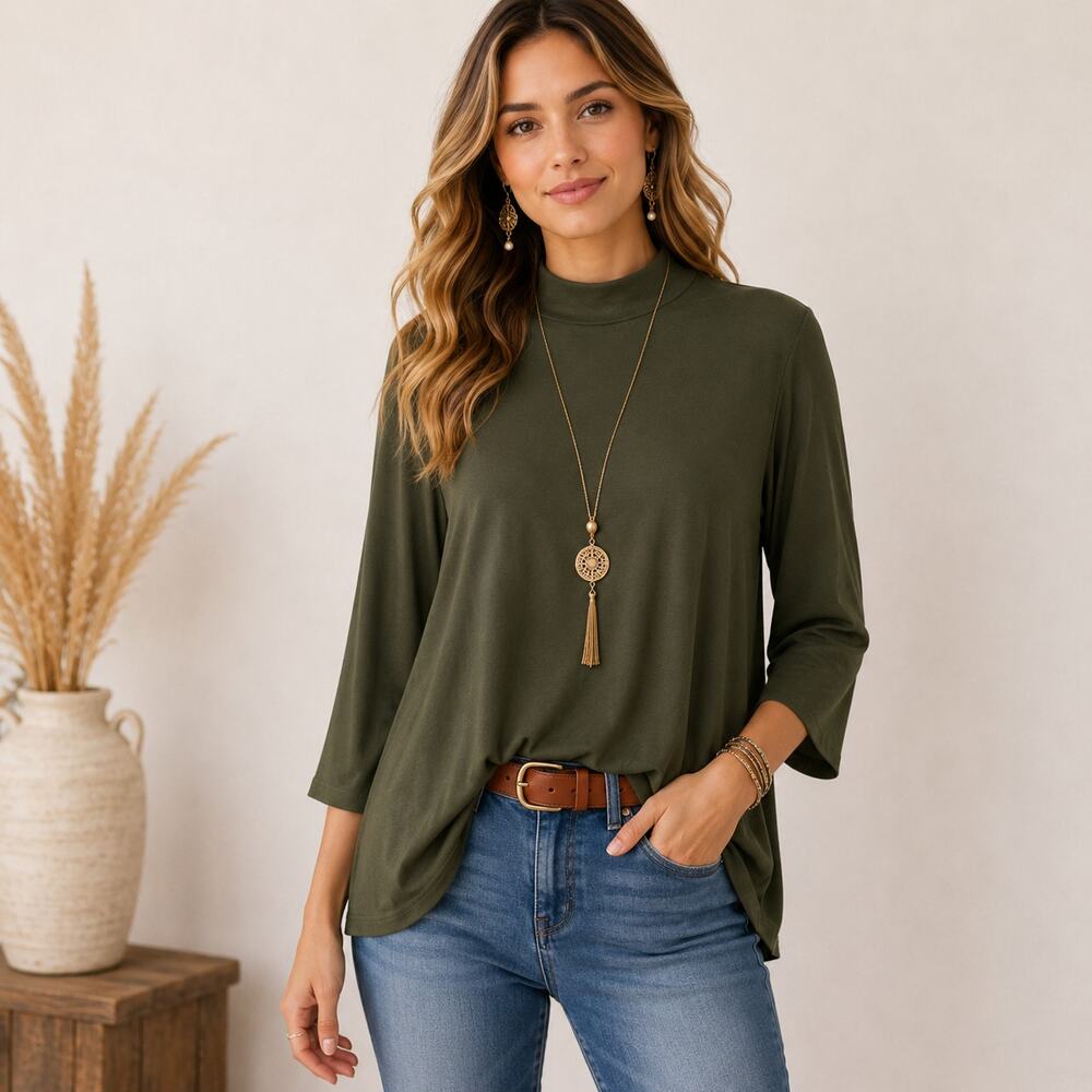 Susan Graver Liquid Knit Mock Neck Blouse Women's Size M Oliver Green Casual